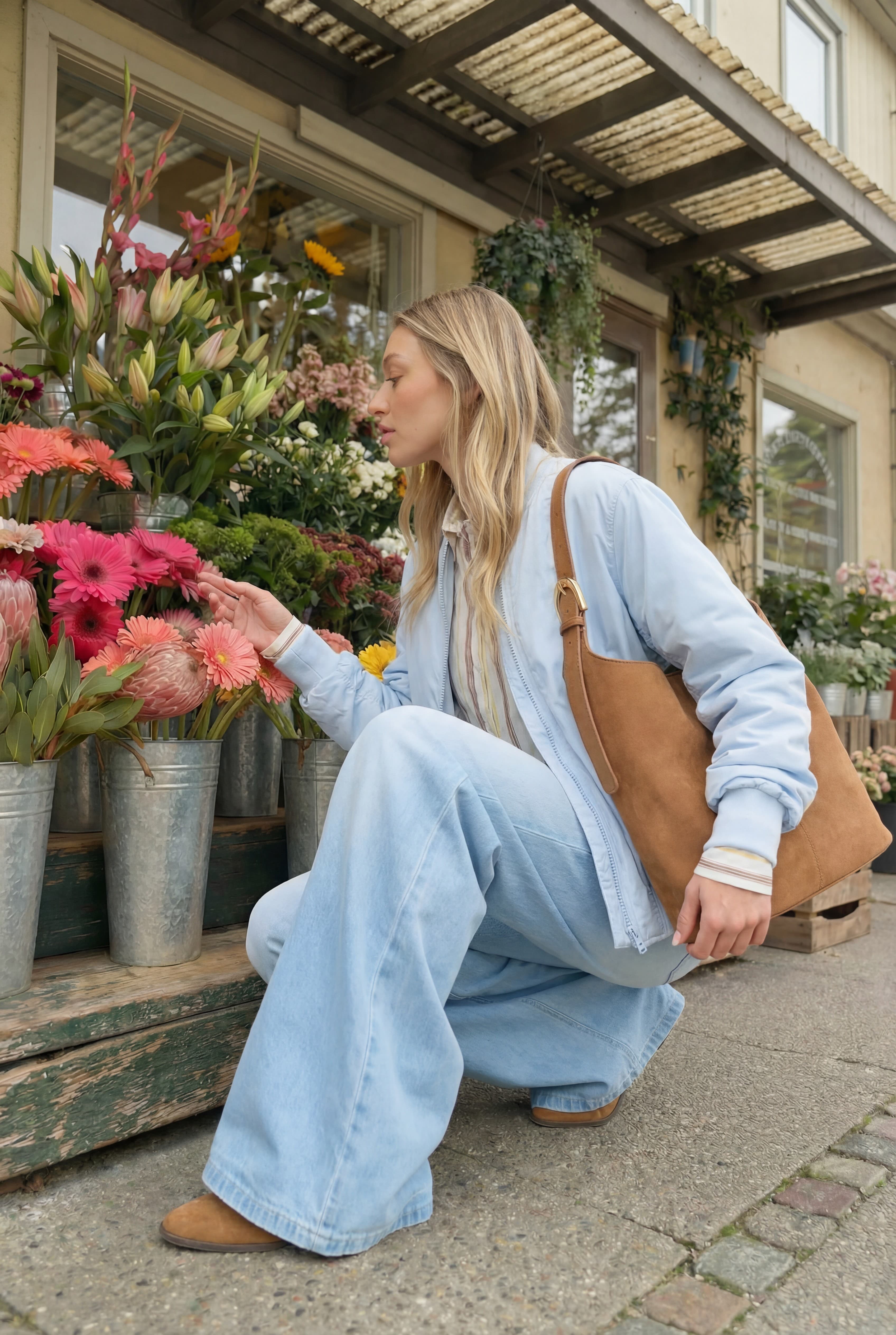 Fashion campaign image of a woman discovering flowers at a market