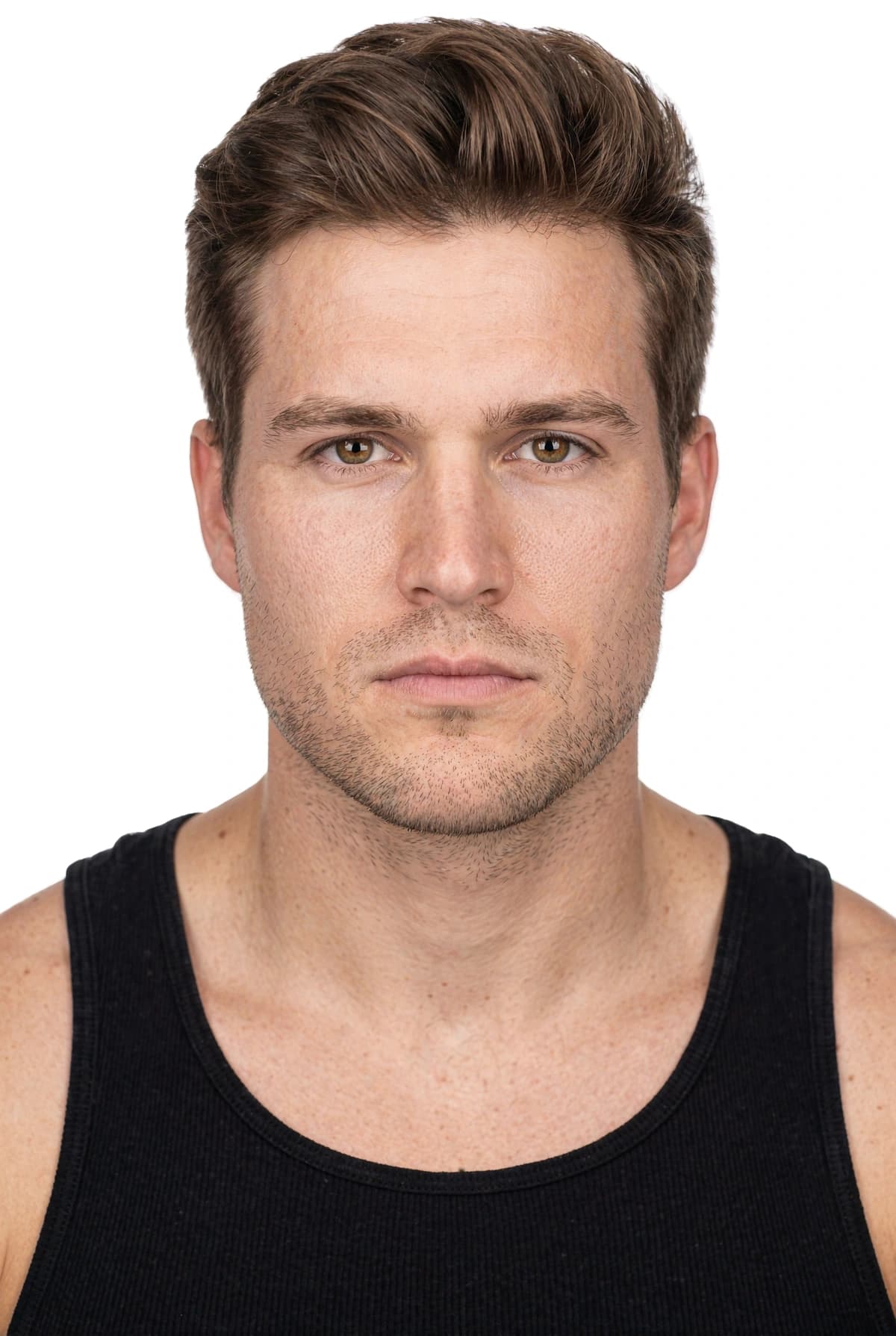 AI-generated male face with styled brown hair and light stubble for the 8M AI Faces catalogue roster