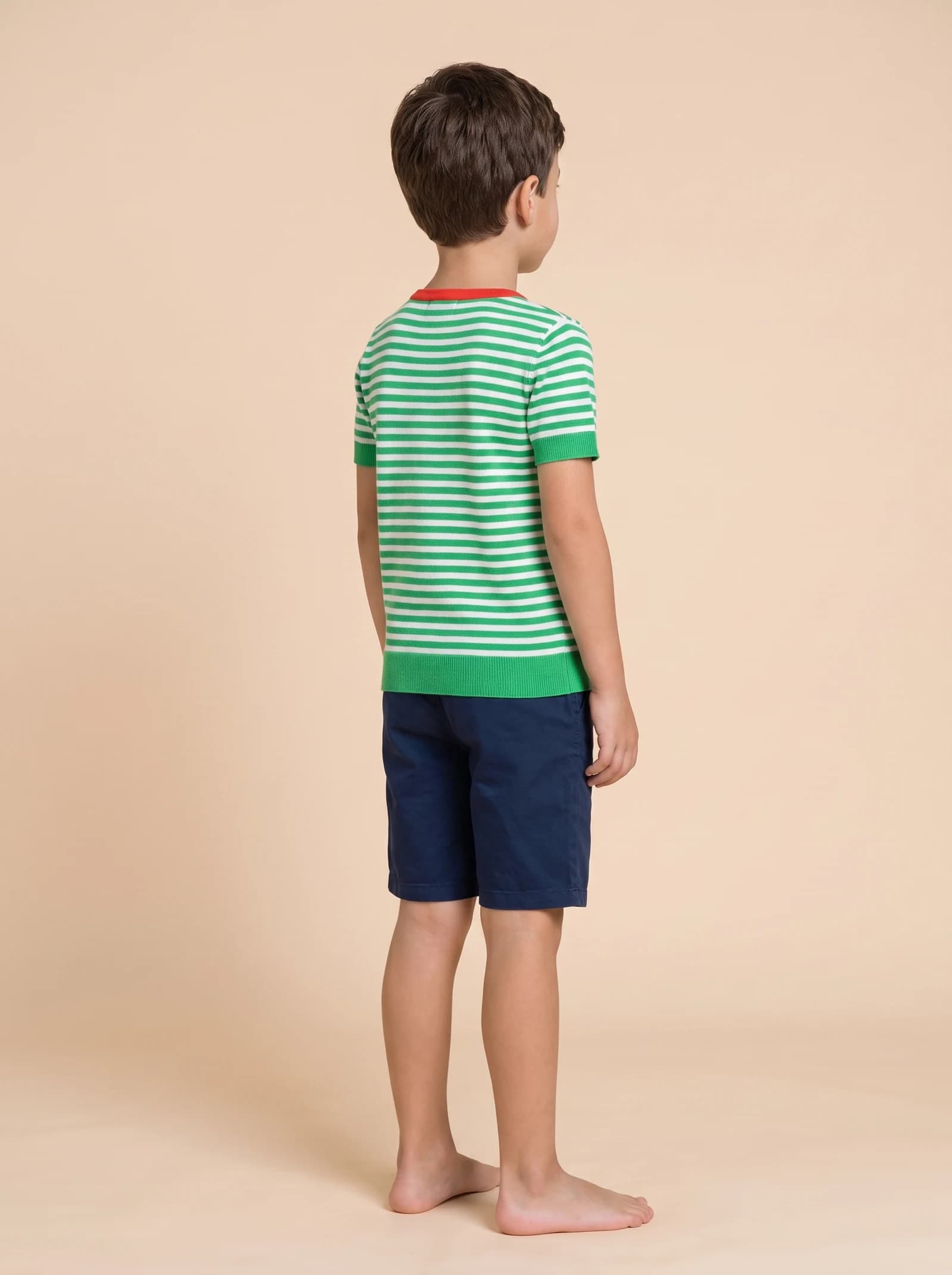 Back catalogue view wearing the striped knit T-shirt