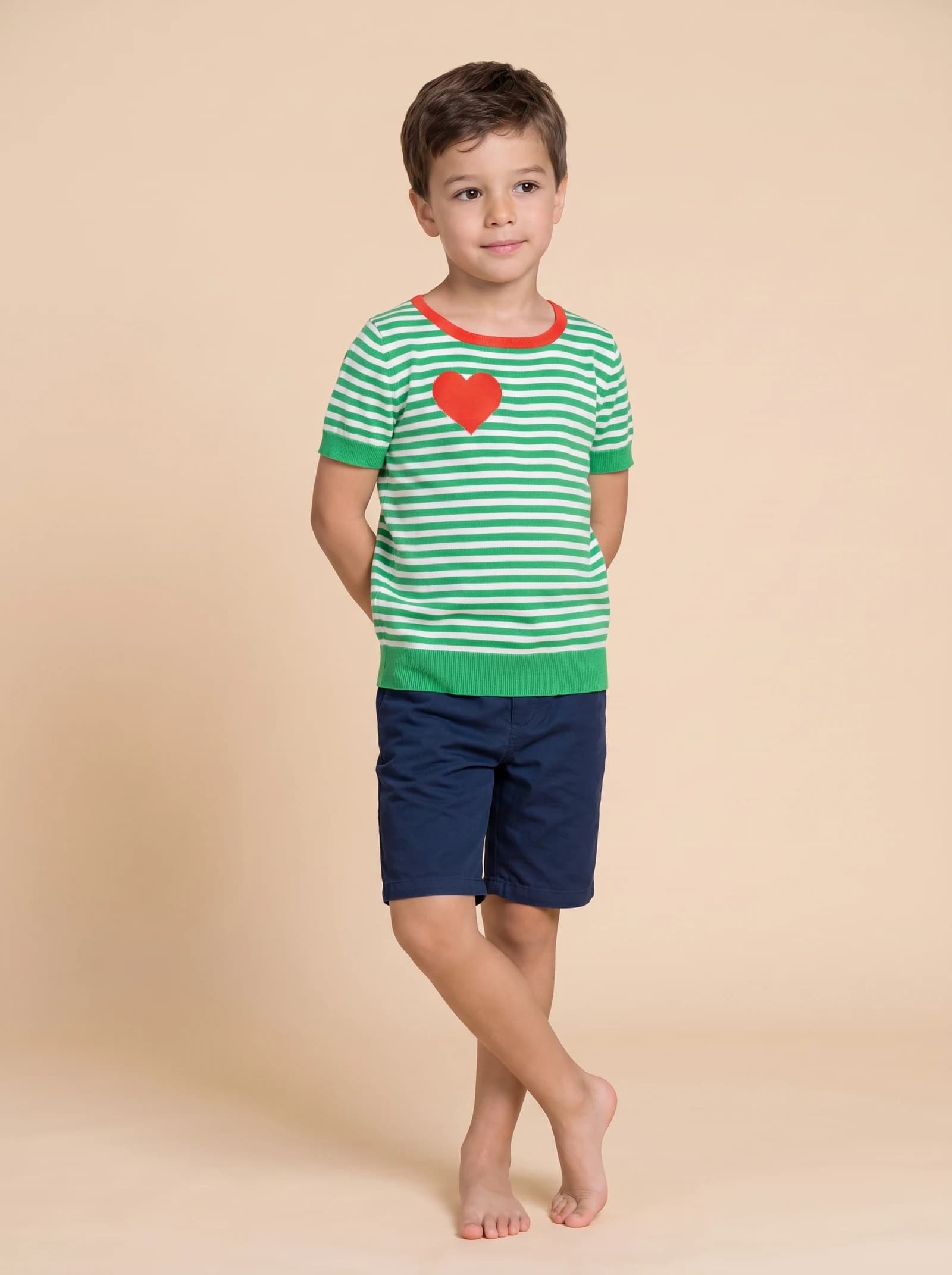 Alternate front catalogue pose wearing the striped knit T-shirt