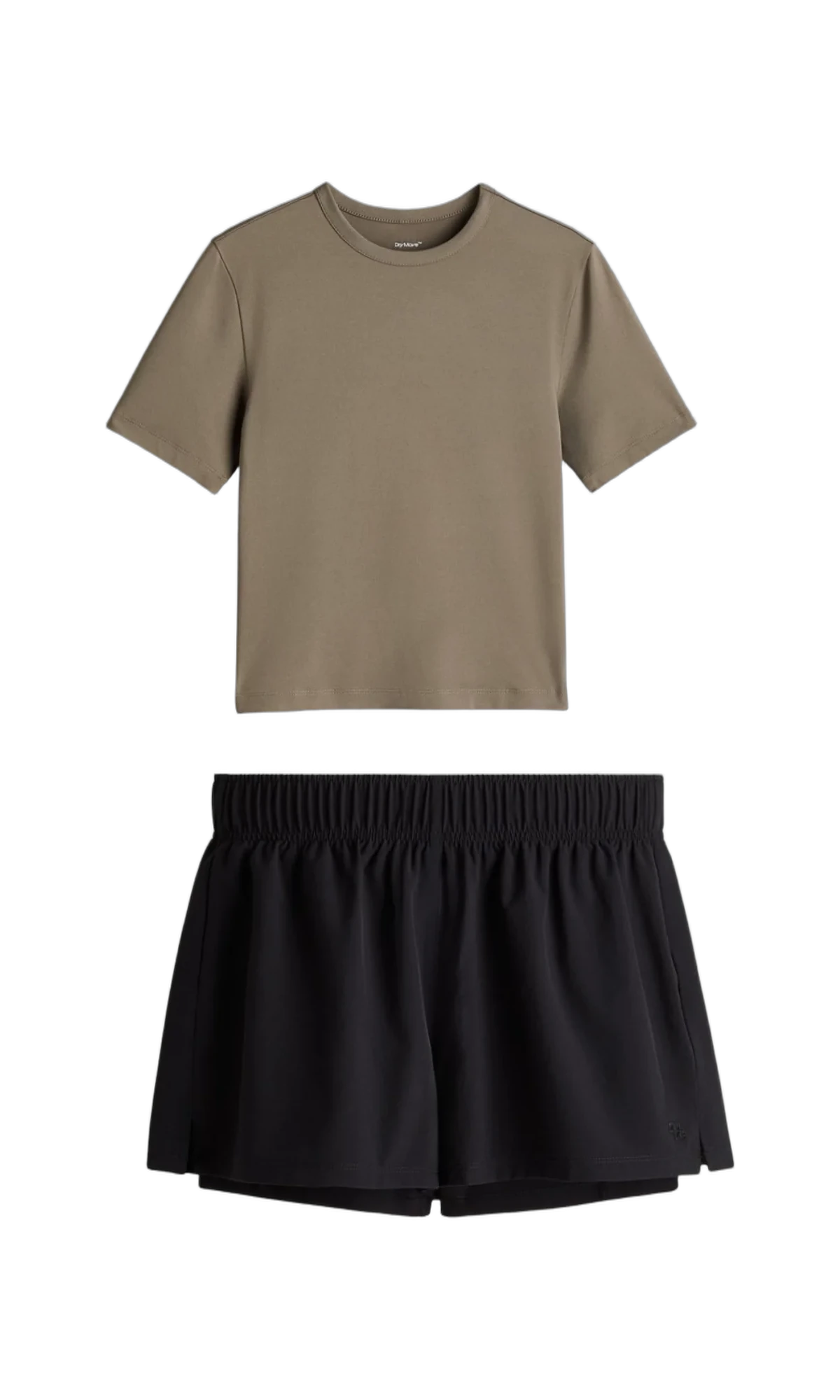 Taupe T-shirt and black shorts product source for the catalogue set