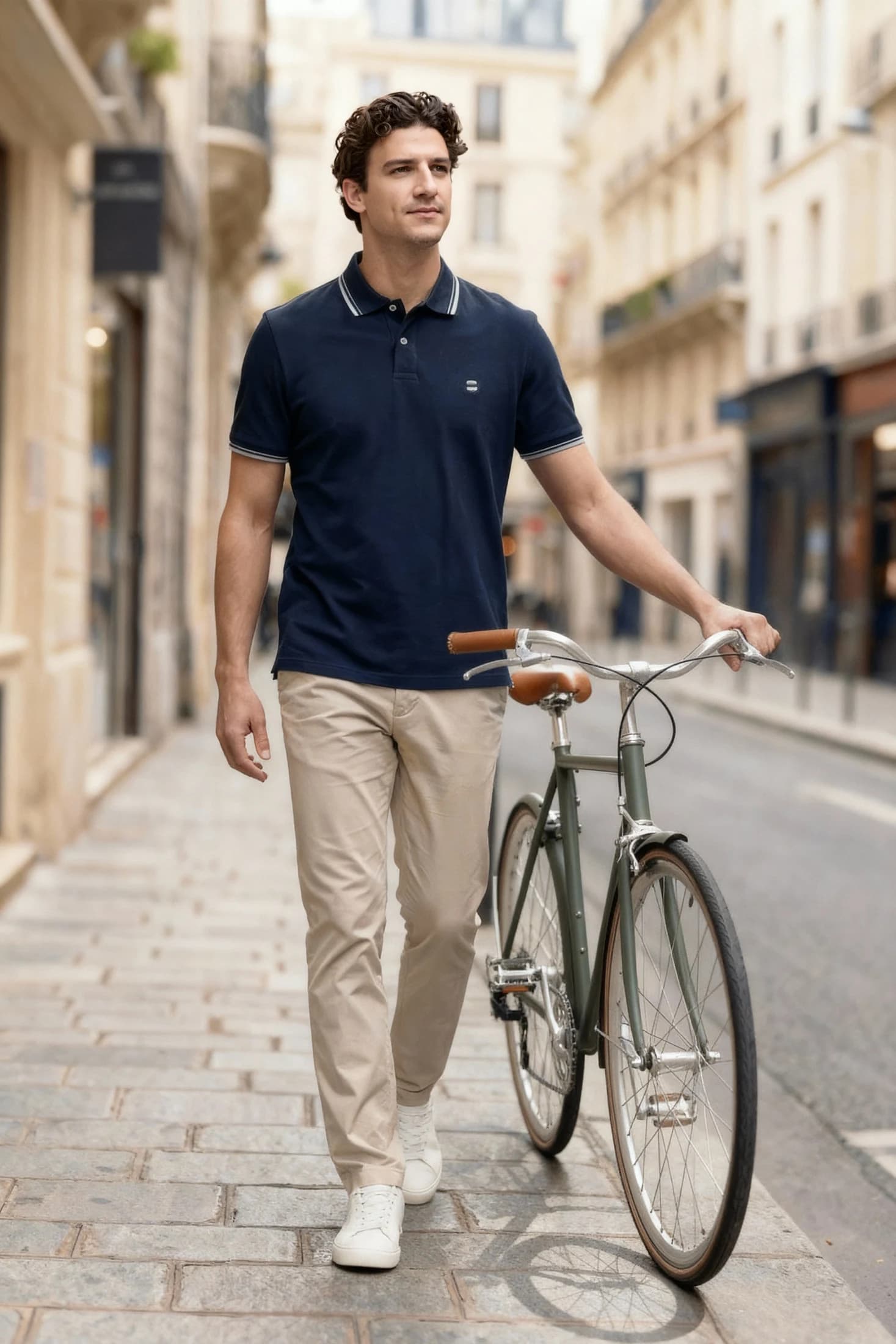 Menswear campaign image of a model walking with a bicycle