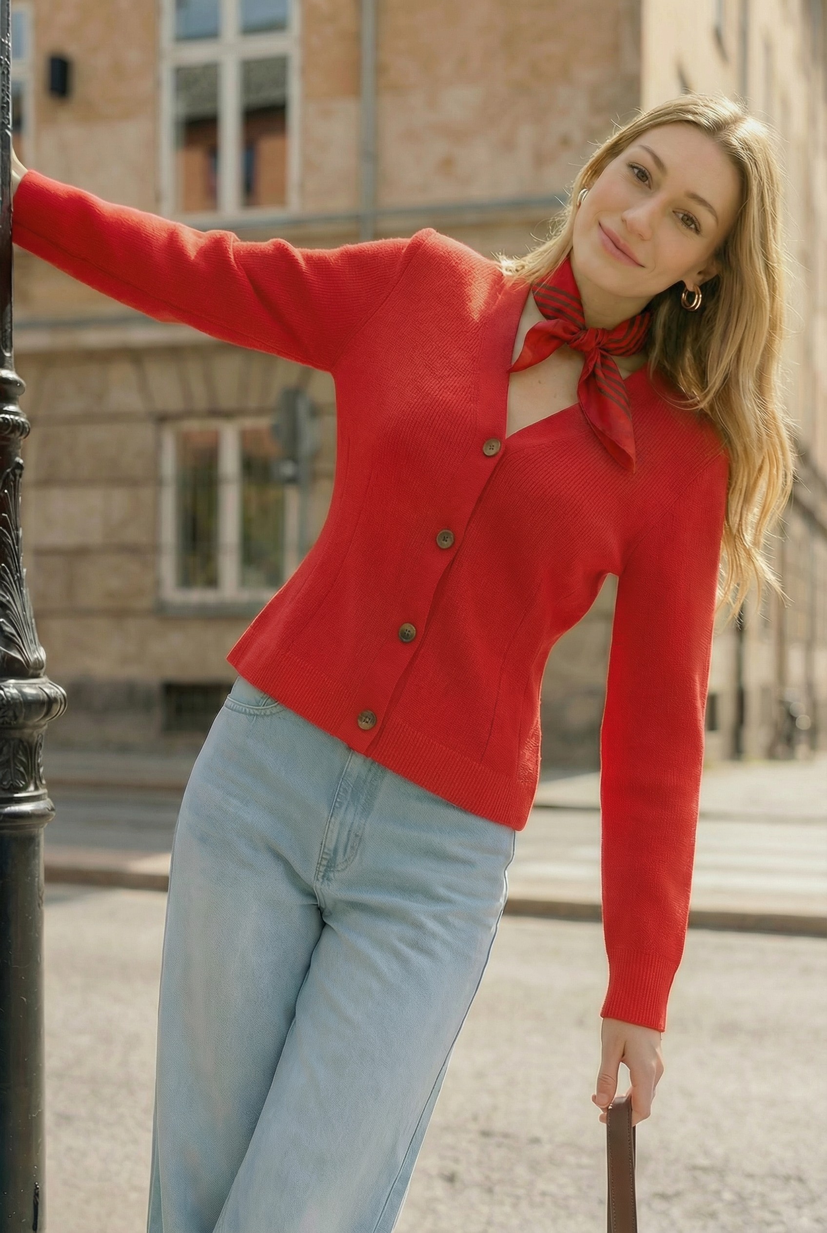 Seated red fashion campaign frame