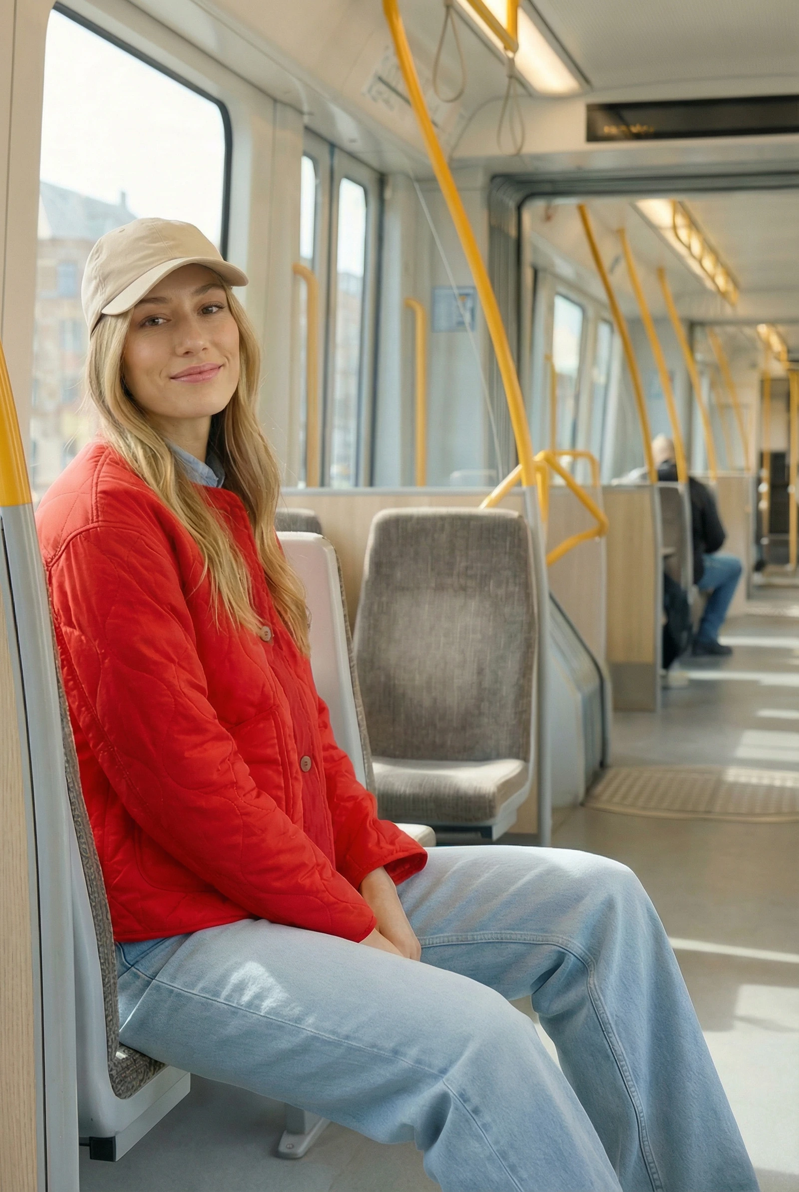 Fashion campaign portrait of a woman in a red jacket seated inside a tram